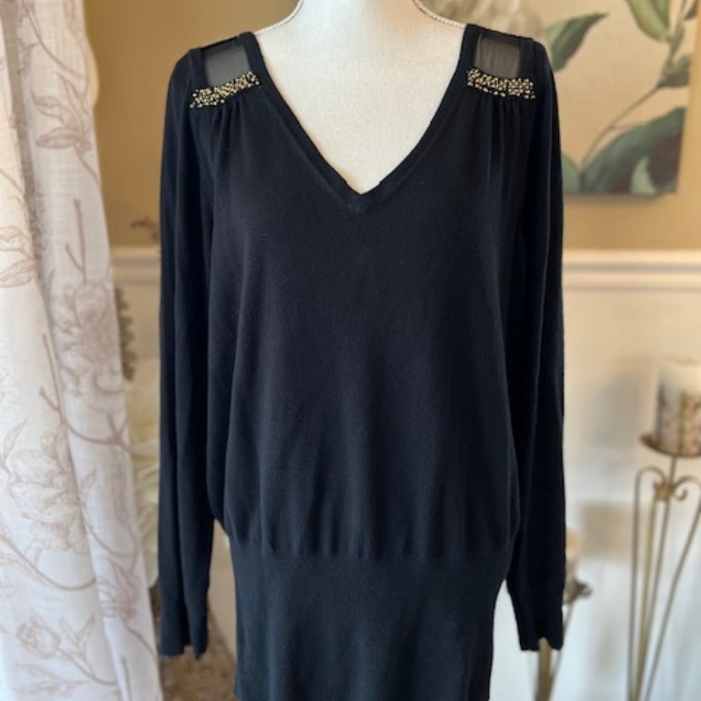 Lane Bryant Black V Neck W/ Beautiful Beaded Shoulder Details Sz 18/20
